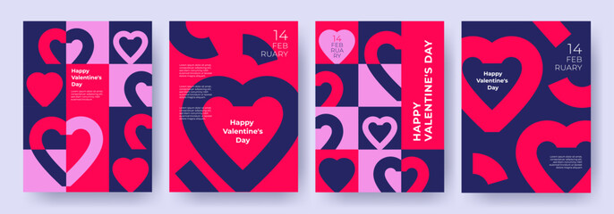 Creative concept of Happy Valentines Day and Love cards, posters, covers set. Abstract minimal templates in modern geometric style with hearts pattern for celebration, decoration, branding, web banner - obrazy, fototapety, plakaty