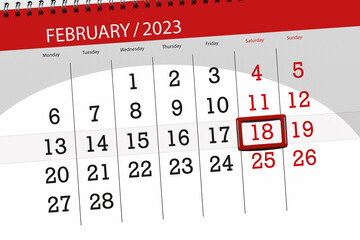 Calendar 2023, deadline, day, month, page, organizer, date, february, saturday, number 18