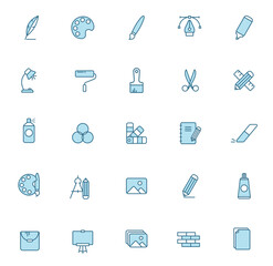 art tools line icons in two colors isolated on white background. art tools blue icon set for web design, ui, mobile apps, print polygraphy and promo business