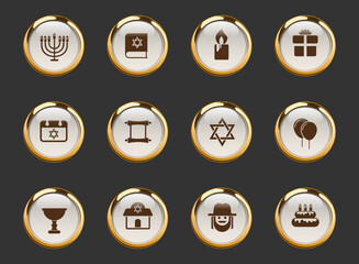 hanukkah gold-rimmed vector icons on dark background. hanukkah icons in gold frame for web, mobile and ui design