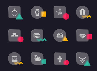 jewelry glass morphism trendy style icons. jewelry transparent glass vector icons with color memphis figures. for web and ui design, mobile apps and promo business advertising