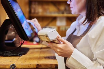 Female restaurant worker using computer terminal while serving customers