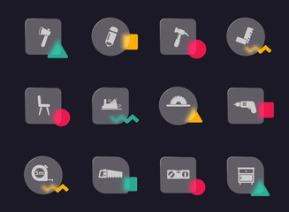 joinery glass morphism trendy style icons. joinery transparent glass vector icons with color memphis figures. for web and ui design, mobile apps and promo business advertising