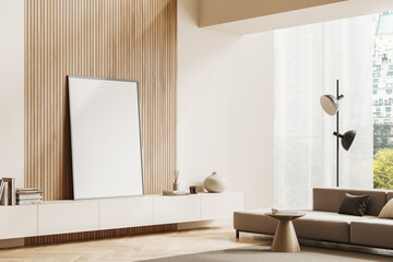 Beige living room interior with couch and decoration, window. Mockup frame