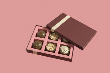 Brown box with chocolate sweets on pink background. Mockup