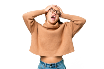 Young beauty woman over isolated chroma key background stressed overwhelmed