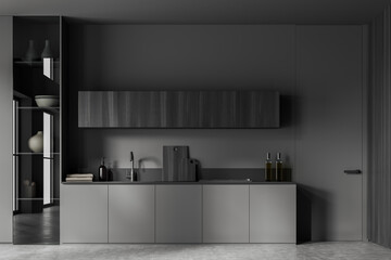 Grey kitchen interior with sink and stove, kitchenware and decoration