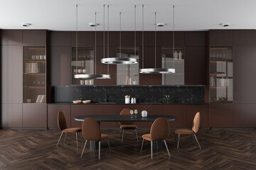 Front view on dark luxury kitchen and dining room interior