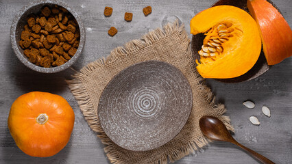 Rustic menu mockup with empty plate and pumpkins. Holiday dinner concept. Flat Lay, top view