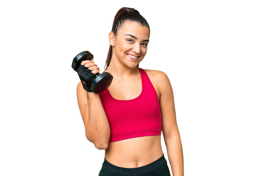 Young sport woman making weightlifting smiling a lot