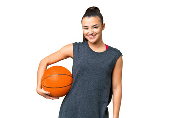 Young beauty woman over isolated chroma key background playing basketball