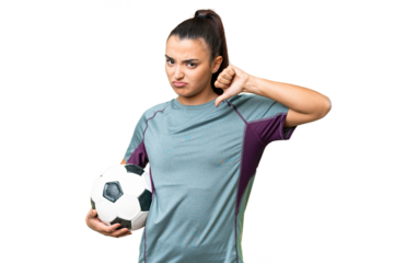 Young football player Woman over isolated chroma key background showing thumb down with negative expression