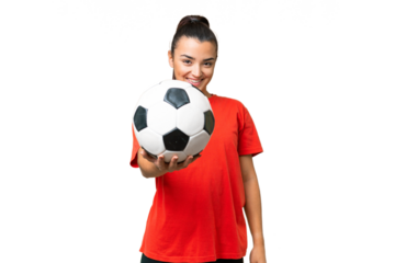 Young beauty woman over isolated chroma key background with soccer ball