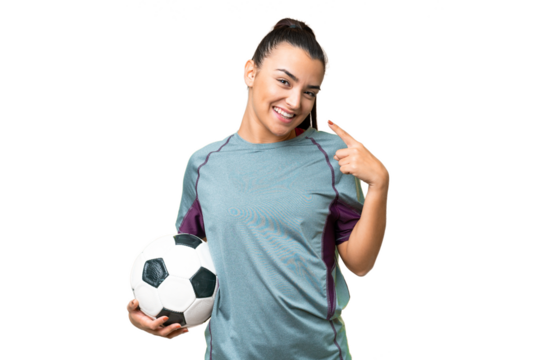 Young football player Woman over isolated chroma key background giving a thumbs up gesture - Powered by Adobe