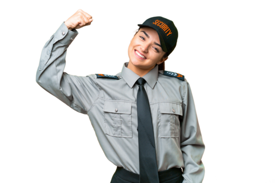 Young safeguard woman over isolated chroma key background doing strong gesture