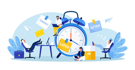 Procrastination or project deadline. Lazy business people sitting with his legs on desk, dreaming and procrastinating instead of working. Productivity and efficiency in work. Resting office employees