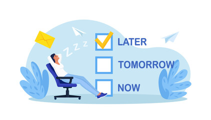 Procrastination or time management. Lazy employee sleeping postponing urgent tasks. Unproductive businessman dreaming and procrastinating instead of working. Do it later, postpone task to tomorrow
