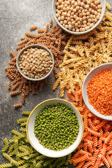 A variety of fusilli pasta from different types of legumes. Gluten-free pasta.