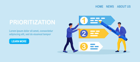 Prioritization. Businessmen set work priority, arrange to do list. Employees standing near important tasks list. Checklist with missions, urgency choice. Task planning, management to boost efficiency