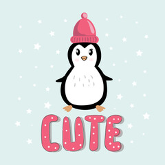 Penguin cartoon illustration. Penguin in hat, lettering cute text