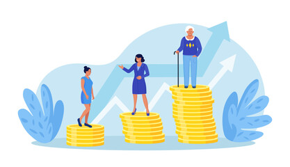 Retirement savings plan, financial investment growth. Pension management. Teenager, businesswoman, pensioner grandmother standing on stacks of gold coins money. People invest earning in pension fund - obrazy, fototapety, plakaty