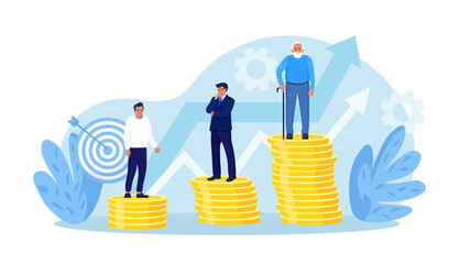Retirement savings plan, financial investment growth. Pension management. Teenager, businessman, pensioner grandfather standing on stacks of gold coins money. People invest earning in pension fund - obrazy, fototapety, plakaty