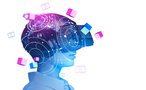 Businesswoman in vr headset, data blocks in metaverse on white background
