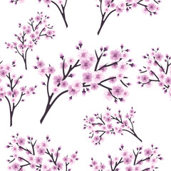 Seamless pattern of cherry blossom branches on a white background.Vector pattern for textiles, wallpaper,screensavers.