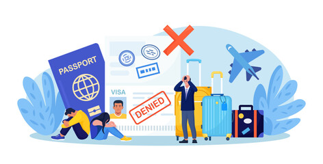 Open passport with stamp denied on travel visa, luggage, frustrated emigrant. Depressed people upset about refused entry. Travel abroad rejected. International vacation or emigration procedure
