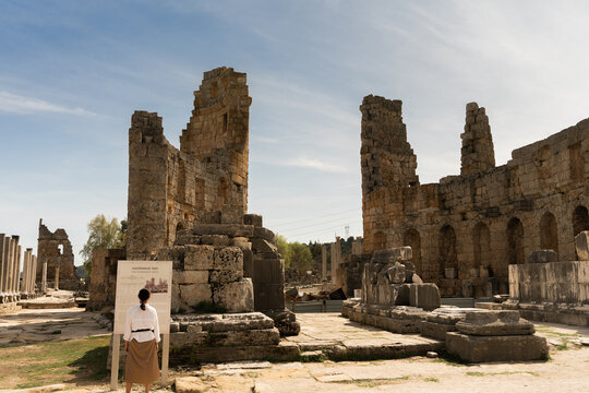 The ruins of ancient ancient Anatolian city of Perge located near the Antalya city in Turkey - sep 2022