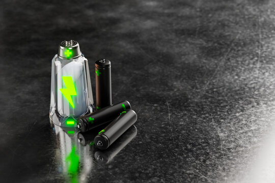 3d representation of the ideal bottle of salt that contains rechargeable sodium-ion batteries, set against a backdrop of black metal.