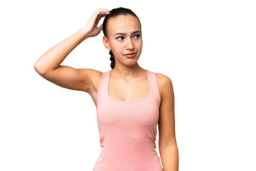 Young Arab woman over isolated background having doubts while scratching head