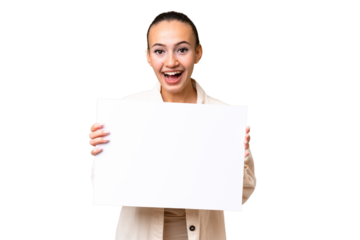 Young Arab woman over isolated background holding an empty placard with happy expression