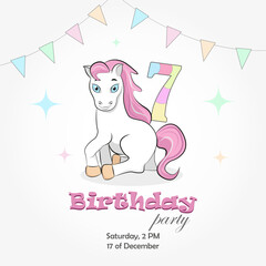 Invitation to a birthday party of 7 years old with a pony, holiday flags and the number 7. Vector illustration