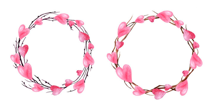 Watercolor round frames for Valentine's Day with pink and red hearts. Set of hand drawing isolated on white background