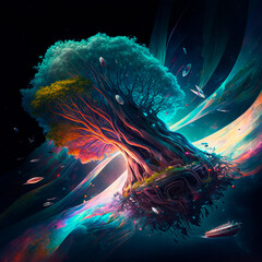 Magic colorful tree in space flying through space. High quality illustration