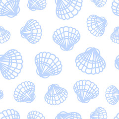 Summer marine minimalistic seamless pattern with seashells. Scallop, Pectinidae, bivalve mollusc. ocean dwellers. White and blue colors. line art style. For wallpaper, printing on fabric, wrapping. © Любовь Кондратьева