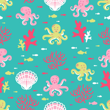 Summer cute marine seamless pattern coral reef with cute octopuses, starfish, algae, shells and fish. ocean dwellers. Cartoon style. bright acid colors. For nursery, wallpaper, printing on fabric