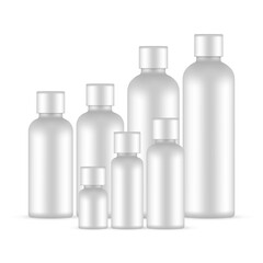 Blank Plastic Round Bottles Set, Various Sizes, Isolated on White Background. Vector Illustration