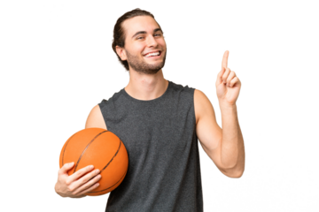 Young basketball player man over isolated background pointing up a great idea