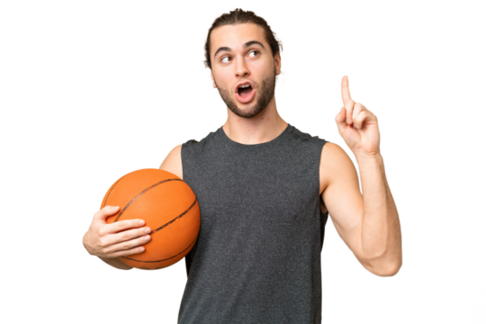 Young basketball player man over isolated background thinking an idea pointing the finger up