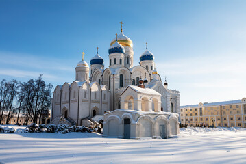Nikolo-Ugreshsky Monastery with the cathedrals of the Transfiguration and St. Nicholas on a sunny winter day. Dzerzhinsky, Moscow region, Russia