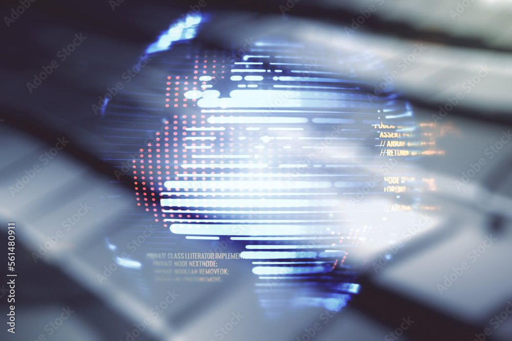 Poster double exposure of abstract programming language hologram and world map on blurry metal background, 