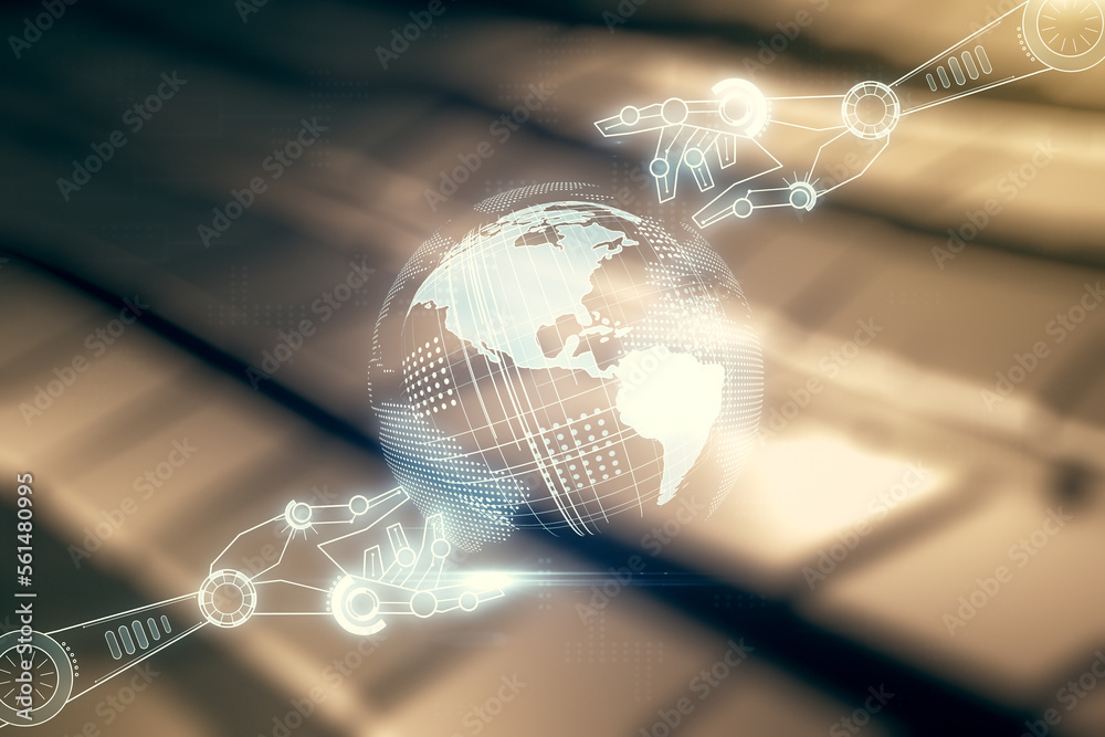Aufkleber abstract virtual robotics technology sketch with globe on shiny metal background, future technology 