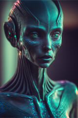Beautiful female alien android cyborg with bald head. Generative AI