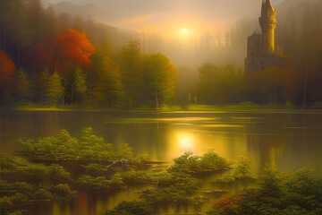 Dreamy landscape with sun rising over castle ruins by a forest lake. Amazing 3D landscape. Digital illustration. CG Artwork Background