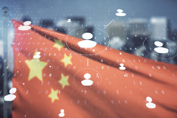 Abstract virtual social network concept on Chinese flag and skyline background. Multiexposure