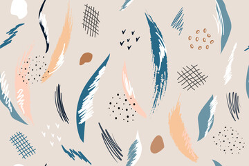 Fototapeta na wymiar Hand drawn modern abstract seamless pattern. Creative set in colored shapes, brush strokes, pencil strokes, lines, dots. Fashionable template for design fabric, paper, background.