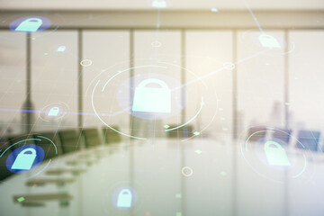 Virtual creative lock sketch with chip hologram on a modern boardroom background, protection of personal data concept. Multiexposure