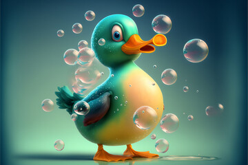 Portrait of beautiful duck with bubbles. Isolated background. Illustration. Generative AI